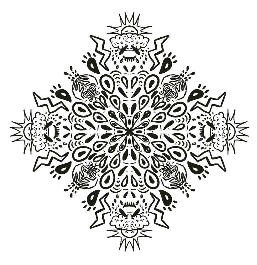 black and white digital radial-symmetrical doodle of random shapes